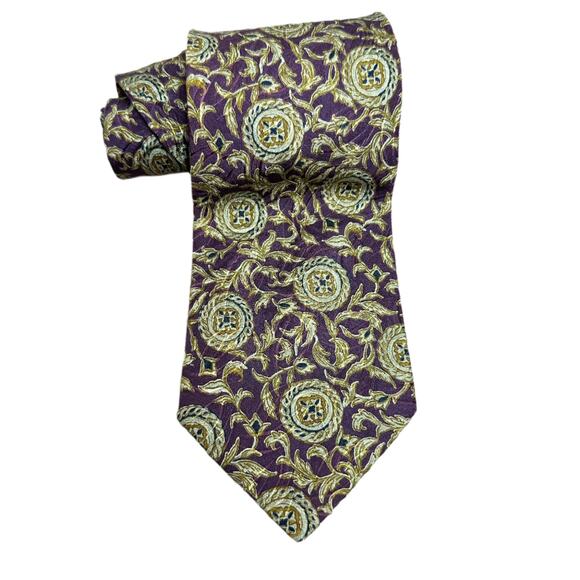 Vintage 80s Valentino Tie 100% silk Purple Green Brown Gold Paisley Floral
